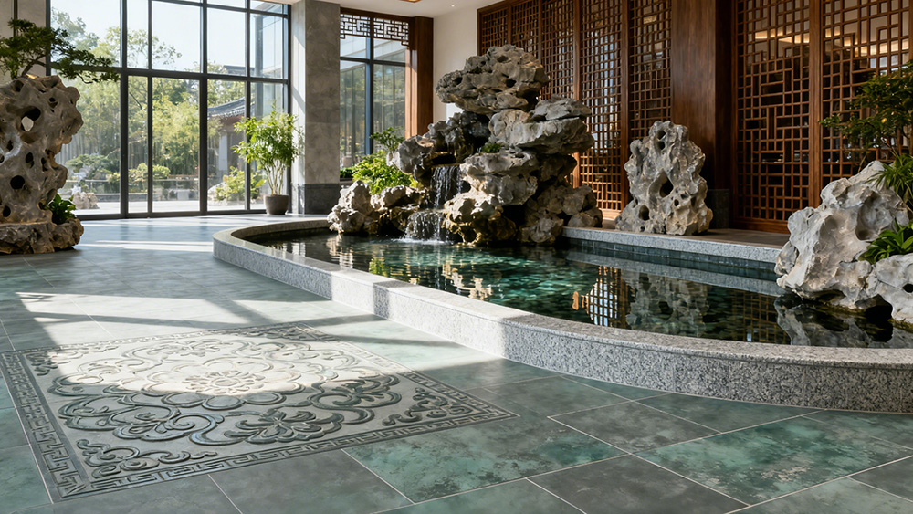 茶樓前廳地面復古磚鋪貼效果